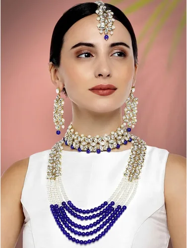 Vista 2 de Wedding Party Wear Bridal Jewellery Choker Long Pearl Necklace Earrings Maang Tikka Indian Traditional Set for Women