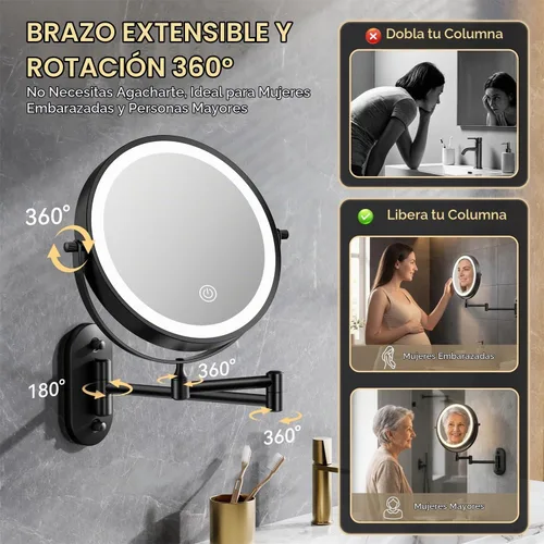 Vista 6 de Auxmir Espejo de maquillaje montado en la pared 1X/30X, espejo de aumento 8 in - negro