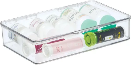 Vista 8 de mDesign Organizador de almacenamiento apilable de plástico con tapa con bisagras para baño, gabinete, cajón, debajo del fregadero, organización