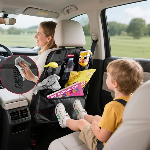 Vista 8 de Rubbermaid Organizador de coche para asiento trasero, alfombrillas y protector de respaldo de asiento, organizador de automóvil para niños con 6