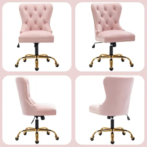 Vista 3 de Moderna silla giratoria de terciopelo, silla de escritorio de maquillaje copetuda con ruedas y base dorada, cómoda silla de escritorio tapizada