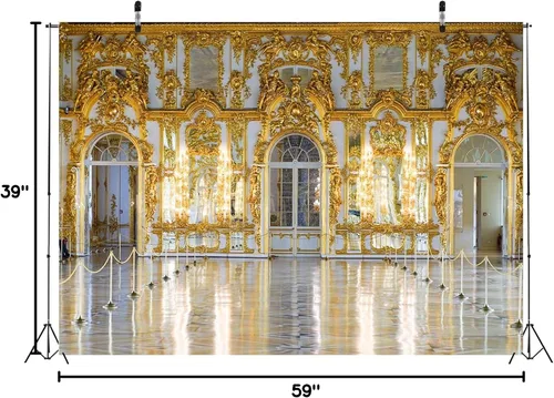 Vista 8 de BELECO Telón de fondo de tela de 5 x 3 pies para fotografía, Palacio de Catalina, Palacio Real, Salón de baile, tallas doradas, arco de pared