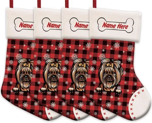Vista 12 de Foto personalizada, Feliz Navidad, búfalo rojo, a cuadros, feliz perro, calcetín de Navidad, copo de nieve, decoración de vacaciones, calcetín