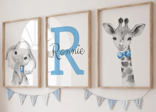 Vista 18 de Juego de 3 carteles personalizados de animales de safari para habitación de niños y niñas, sin marco, nombre personalizado, azul, verde, amarillo