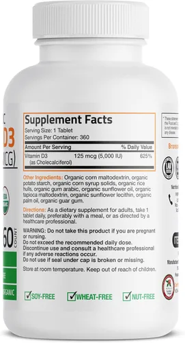 Vista 2 de Orgánico Vitamina D3 5000 IU, USDA Certificado, sin OMGs, Fabricado en Estados Unidos por Bronson laboratorios, 1