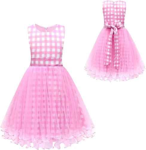 Vista 4 de IWEMEK Vestido de cuadros rosa de los años 50 para niñas, vestido a cuadros rosa con sombrero y lazo para el pelo a cuadros, 3 piezas, disfraz