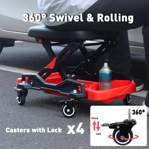 Vista 5 de Asiento de arrastre automotriz con ruedas rodantes, taburete mecánico con capacidad de 300 libras, taburete de garaje resistente con almohadilla