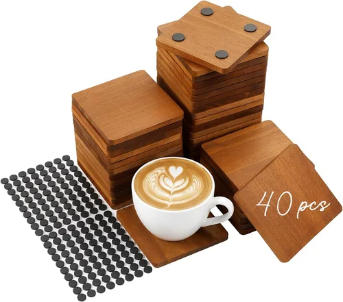Vista 10 de Meanplan 40 posavasos de madera en blanco, 4 x 4 x 0.28 pulgadas, redondos Marrón