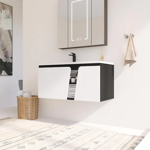 Vista 10 de Mueble de baño de 24 pulgadas con fregadero, tocador flotante de 24 pulgadas con fregadero de cerámica blanca brillante, gabinete de baño de madera