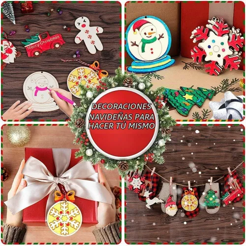 Vista 6 de AerWo 60 adornos de Navidad de madera, 12 estilos de adornos de rebanadas de madera sin terminar, juego de adornos de Navidad con campanas