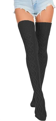 Vista 5 de HYTENSUN Calcetines altos de punto para mujer, calcetines altos gruesos por encima de la rodilla, calcetines de tubo de ganchillo, calentadores