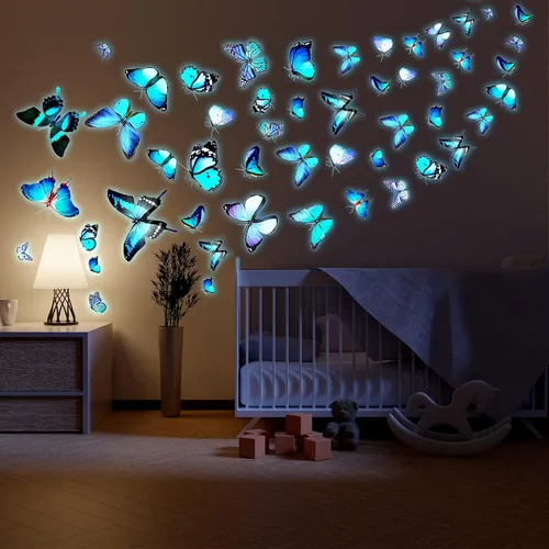 Vista 11 de Calcomanías de pared de mariposa que brillan en la oscuridad, calcomanías de pared de mariposa luminosas azules, calcomanías de pared para estilo 10