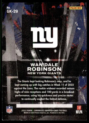 Vista 2 de Panini Chronicles Gridiron Kings #29 Wan'Dale Robinson New York Giants RC Rookie Card Tarjeta oficial de fútbol de la NFL en estado crudo