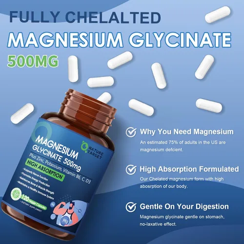 Vista 2 de NATURE TARGET Glicinato de Magnesio 500mg, Magnesio Quelado con Zinc y Vitamina D3 para Músculos, Nervios y Huesos, Apoya la Salud del Corazón