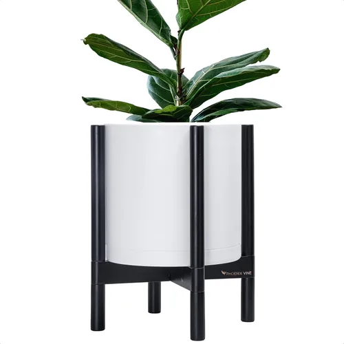Vista 8 de Maceta de D'vine Dev con soporte - Maceta de flores de cilindro de plástico de 8.0 pulgadas con soporte de madera para interiores, maceta mate negra