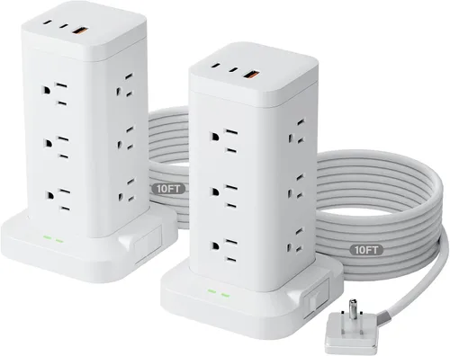 Vista 19 de Torre de regleta de alimentación con protector de sobretensiones de 1800J, torre de carga rápida PD20W puertos USB-C con 12 salidas de CA, cable