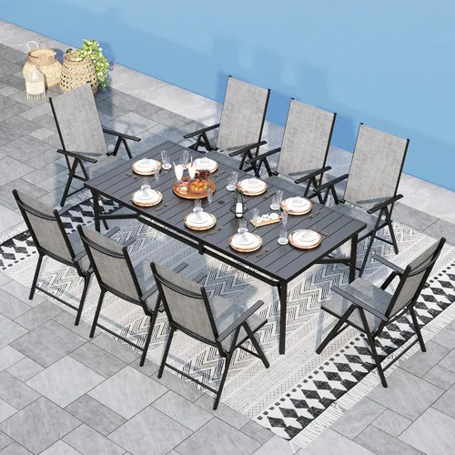 Vista 10 de Sophia & William Juego de comedor de patio para 8 personas, juego de mesa de comedor al aire libre grande cuadrada de metal negro y 8 sillas