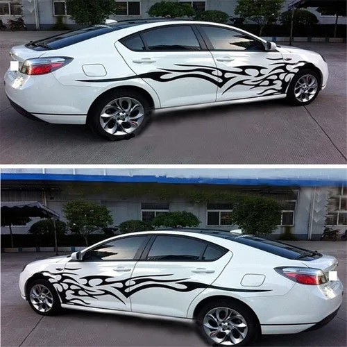 Vista 4 de BININBOX 1 Juego de calcomanías de cuerpo de auto lateral vinilo, gráficos de llamas de carrera, Negro