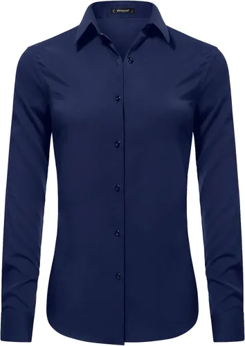 Vista 13 de Blusas de negocios para mujer, de manga larga, sin arrugas, con botones, ajuste clásico, cuello para el trabajo y la oficina