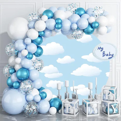 Vista 3 de Telón de fondo redondo de 5 x 5 pies, diseño de cielo azul y nubes blancas, fondo de fotografía de círculo celestial de poliéster para niños, baby