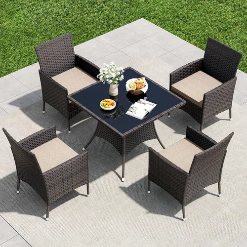 Vista 15 de Juego de 10 piezas de comedor para patio al aire libre, mesa de patio y sillas de ratán con agujero para paraguas, juego de mesa de comedor para 8