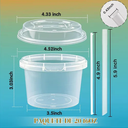 Vista 3 de Juego de 20 mini cubos para bebidas de 16 onzas, vasos de plástico transparente con tapas y pajitas, vasos desechables para bebidas frías, café