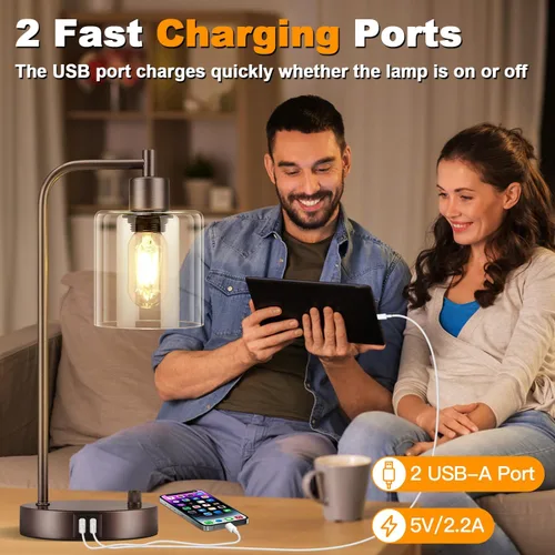 Vista 5 de Lámpara de mesa industrial marrón con 2 puertos de carga USB, totalmente regulable y moderna, lámpara de mesita de noche con pantalla de vidrio