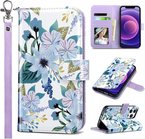 Vista 27 de ULAK Compatible con iPhone 13 Funda tipo cartera para mujer, funda tipo billetera de piel PU con tarjetero y función de caballete, funda protectora