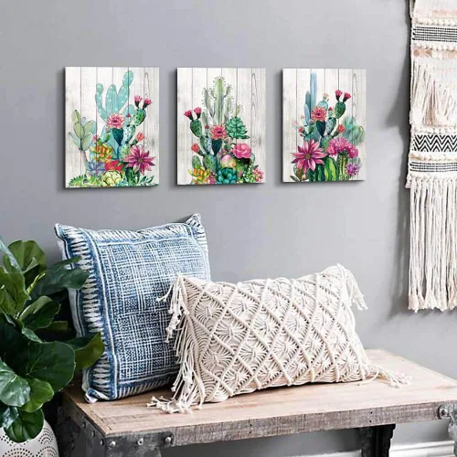 Vista 5 de 3 piezas enmarcadas de arte para pared, acuarela, plantas tropicales, cactus del desierto, impresión en lienzo para dormitorio, baño, flores