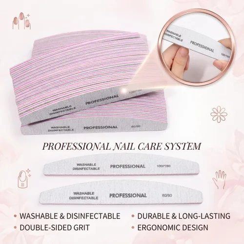 Vista 3 de 25 limas de uñas profesionales de media luna, grano 100/100 de doble cara, herramientas reutilizables para limar uñas naturales y acrílicas