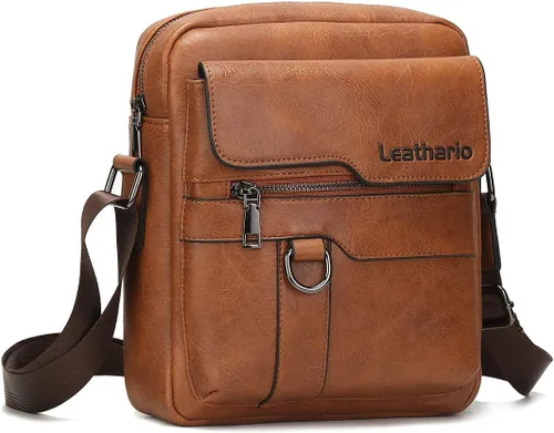 Vista 7 de Leathario Bolso bandolera de cuero para hombre, bolso de hombro para hombre, bolso bandolera para trabajo, negocios, viajes, Marrón claro-83