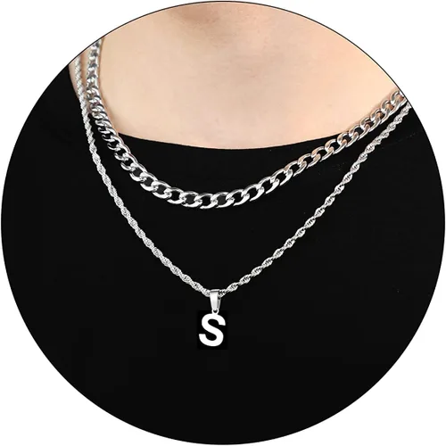 Vista 78 de SENRAN Collar con inicial en capas de la A a la Z para hombre, cadena de cuerda torcida de acero inoxidable de 18 a 20 pulgadas, dije de letra