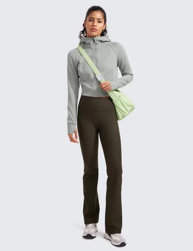 Vista 4 de CRZ YOGA Sudadera corta con capucha y cremallera completa para mujer, para entrenamiento, atlética, casual, manga larga, con agujeros para el pulgar