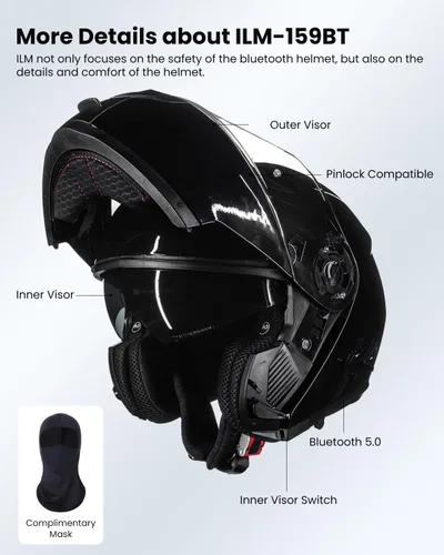 Vista 6 de ILM 159BT - Casco modular de motocicleta Bluetooth para 2-3 conductores, intercomunicador, cara completa, casco abatible DOT con máscara facial