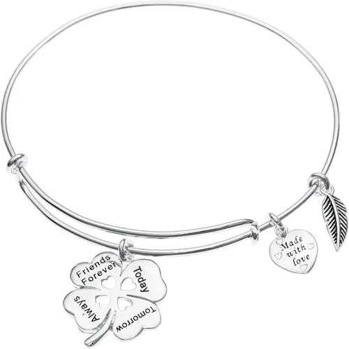 Vista 2 de Qina C Pulsera ajustable de plata de ley con 4 hojas de trébol de corazón con texto en inglés Forever Today Tomorrow, Plata de ley Plata