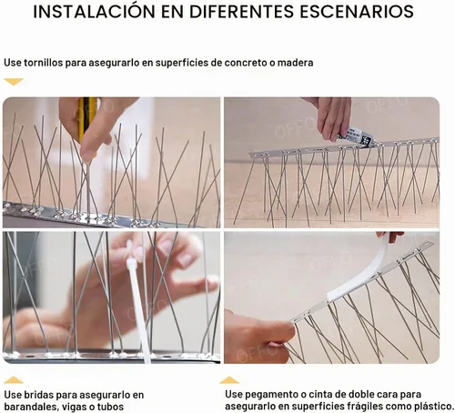 Vista 6 de OFFO Púas para pájaros, púas de paloma de acero inoxidable 304 premontadas para exterior, cubren 10.8 pies, fácil instalación para techo, balcón