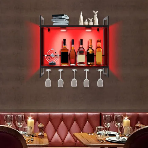 Vista 6 de Estante de vino LED montado en la pared, estante para botellas de vino, soporte de metal para colgar vino con 5 soportes de vidrio para almacenar