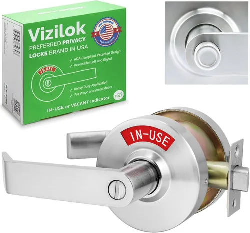 Vista 9 de VIZILOK Cerradura de puerta comercial para privacidad del baño, seguridad, indicador de ocupación vacante estándar en cromo satinado, grado ANSi 2