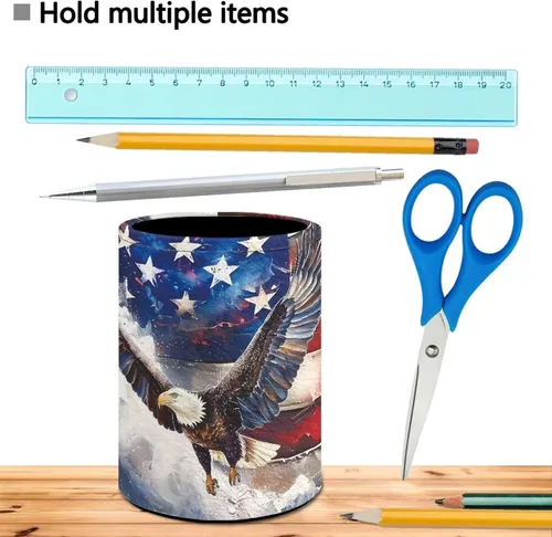 Vista 6 de Dreaweet Soporte para lápices de piel sintética con bandera de Estados Unidos, águila calva para escritorio, organizador de papelería de escritorio