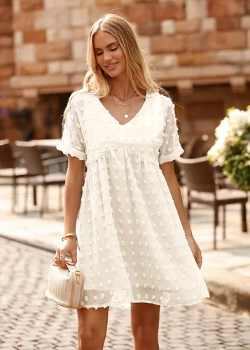 Vista 7 de KIRUNDO Vestido corto de manga corta de verano para mujer, vestido casual, suelto y con un cuello en V sexy, vestido holgado de punto suizo