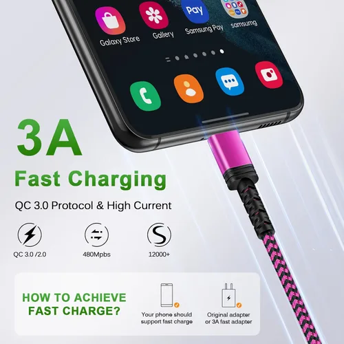 Vista 2 de Paquete de 3 cables Samsung de carga rápida USB tipo C de 10 pies para Samsung Galaxy S26 Ultra/A17 5G/A16/A56/S25FE/A15/A54/S24Plus/Z