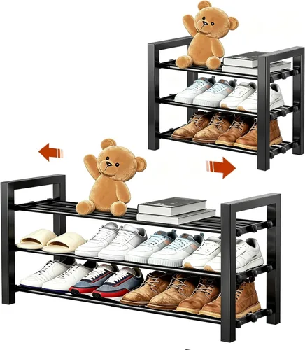 Vista 8 de Zapatero expandible de 2 niveles, estante ajustable para zapatos, organizador de almacenamiento de metal resistente, zapatero de pie para entrada