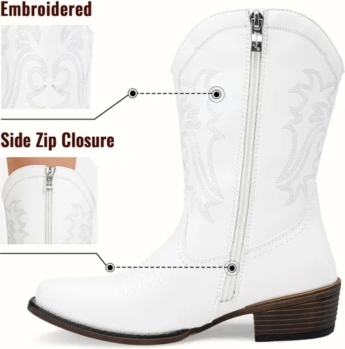 Vista 3 de Jeossy Botas vaqueras para mujer, vaquera occidental, a media pantorrilla, puntera redonda, bordadas, con cremallera