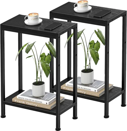 Vista 20 de Mesa auxiliar estrecha para espacios pequeños, mesa auxiliar delgada de 2 niveles, mesita de noche delgada, mesa de sofá delgada para aperitivos