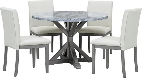 Vista 22 de Juego de mesa de comedor funcional retro de 5 piezas, mesa de comedor redonda extensible de madera y 4 sillas de comedor tapizadas para restaurante