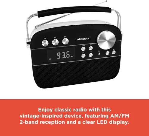 Vista 6 de RadioShack Radio vintage de 2 bandas AM/FM con función Bluetooth y puertos USB/TF (blanco)