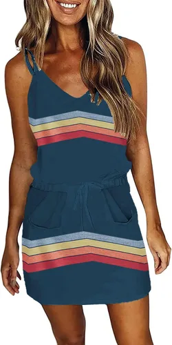 Vista 21 de Vestido de verano a rayas para mujer, sin mangas, con tirantes halter y bolsillos