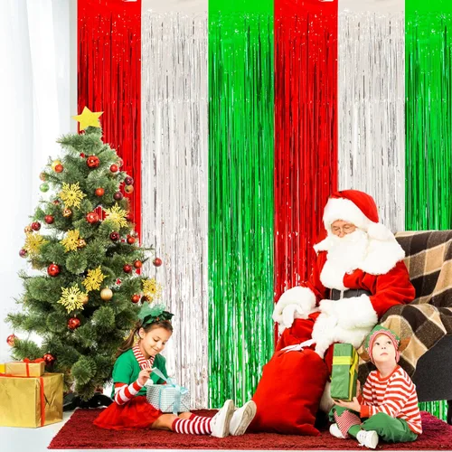 Vista 6 de Paquete de 2 cortinas navideñas con flecos de papel de aluminio para Verde Rojo Astilla