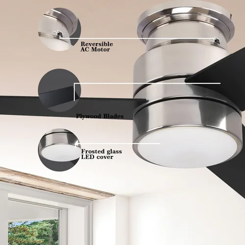 Vista 7 de Ventilador de techo plateado de perfil bajo de 3 aspas de 52 pulgadas con control de aplicación LED, control Alexa/Google Assistant Necesita