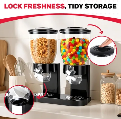 Vista 3 de Dispensador de cereales de doble control para encimera, paquete de 2 recipientes de cereales de 2 litros con tapas herméticas, dispensador giratorio